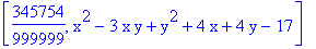 [345754/999999, x^2-3*x*y+y^2+4*x+4*y-17]